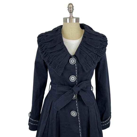 Nick and Mo Peter Pan Collared Button Front Navy Blue Tie Waist Long Jacket (M) - Picture 6 of 14